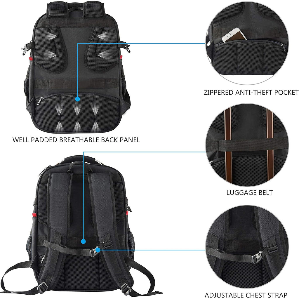 Black hard shell travel laptop backpack with anti-theft zippered pocket and luggage belt