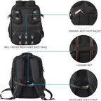 Black hard shell travel laptop backpack with anti-theft zippered pocket and luggage belt