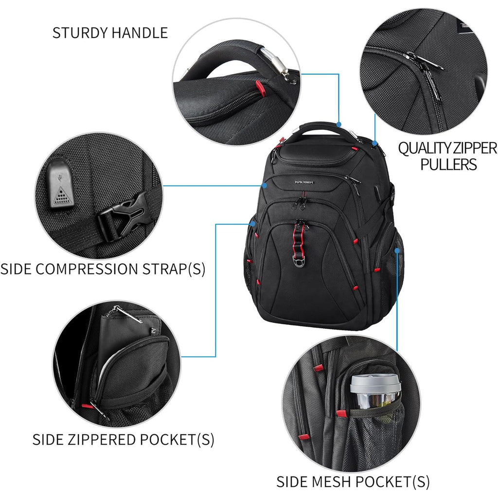 KROSER hard shell RFID travel laptop backpack, black with red accents and side mesh pockets