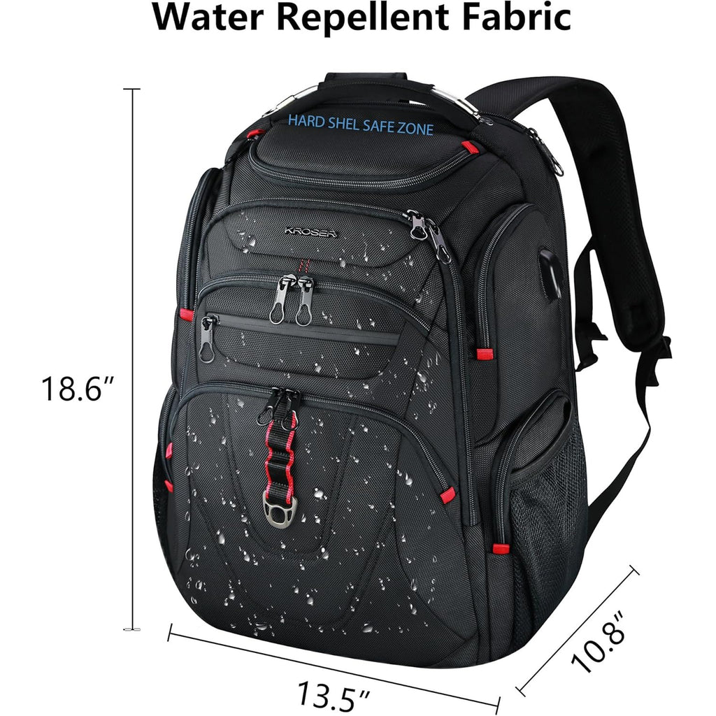 Black KROSER laptop backpack with water-repellent fabric, front zip pockets, and hanging key clip