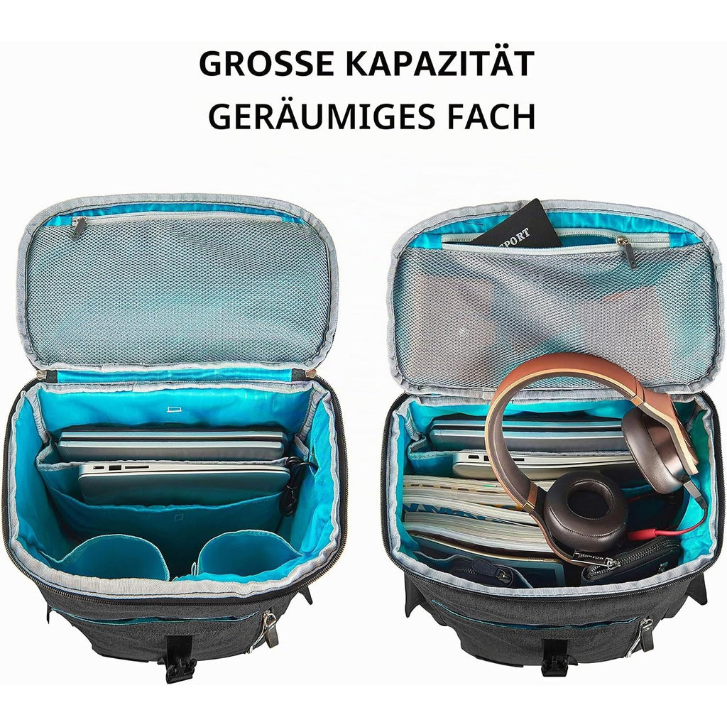 Opened laptop backpack with blue-lined interior compartments and mesh pockets.