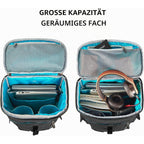 Opened laptop backpack with blue-lined interior compartments and mesh pockets.