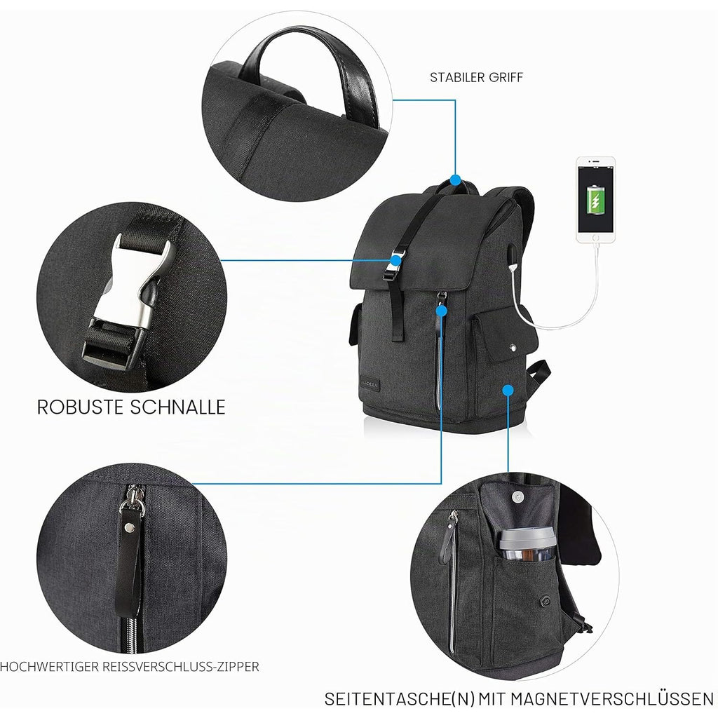 Black laptop backpack with USB charging cable port, side magnet pocket, and handle.