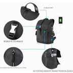 Black laptop backpack with USB charging cable port, side magnet pocket, and handle.