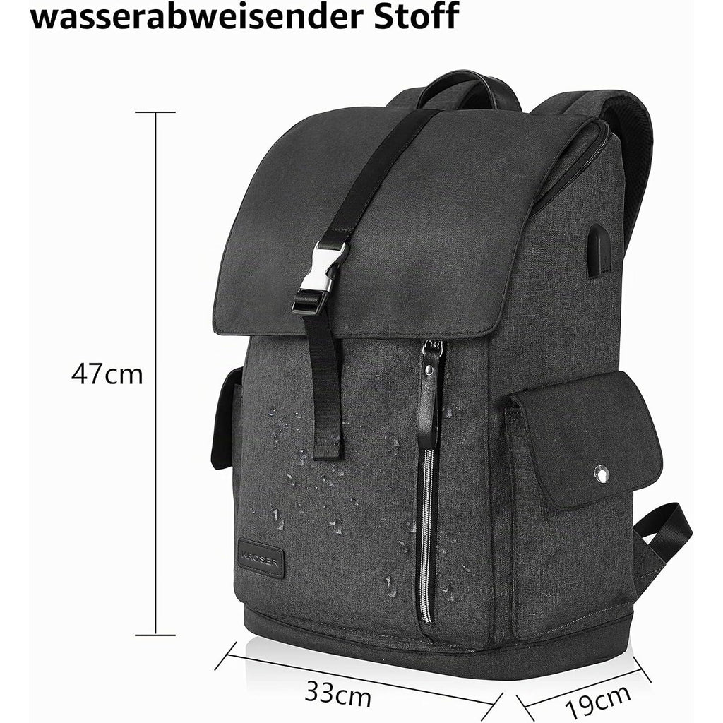 Gray laptop backpack with front flap, vertical zipper, and side pouch pocket.