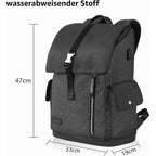 Gray laptop backpack with front flap, vertical zipper, and side pouch pocket.