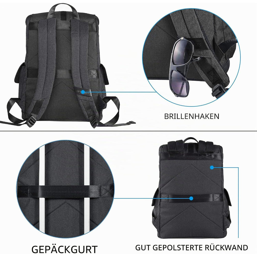 Black laptop backpack with padded back panel and adjustable shoulder straps.