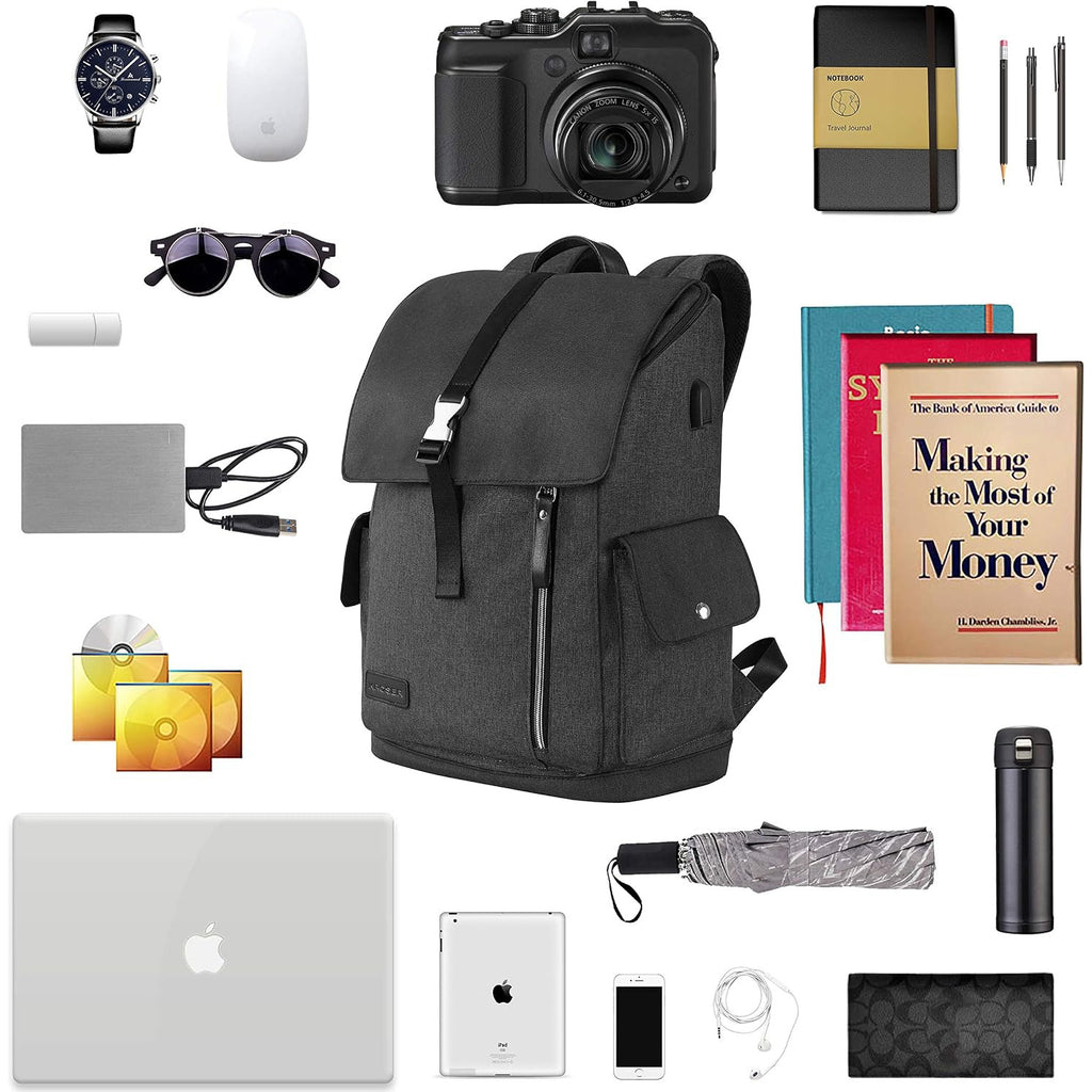 Black and gray laptop backpack with front flap and vertical zipper, centered.
