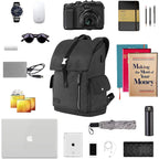 Black and gray laptop backpack with front flap and vertical zipper, centered.