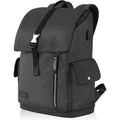 Gray laptop backpack with top flap, front pocket, and vertical front zipper.