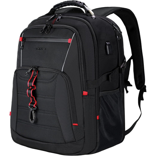 Black laptop backpack with front zip pockets and side strap attachments.