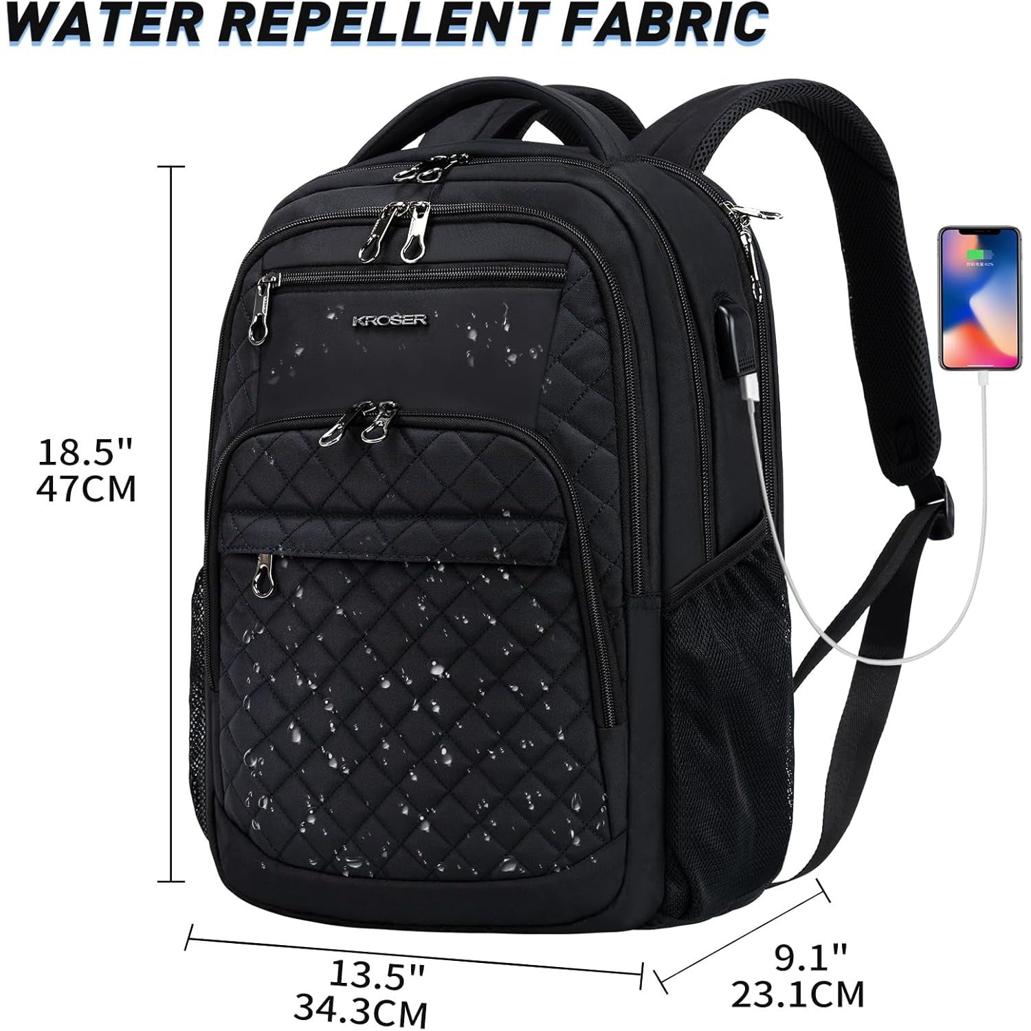 KROSER 17 Inch Quilted Laptop Backpack Dark Gray