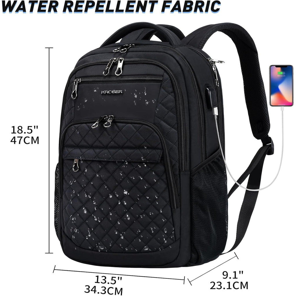 Black quilted laptop backpack with front zippers and visible USB charging cable
