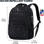 Black quilted laptop backpack with front zippers and visible USB charging cable