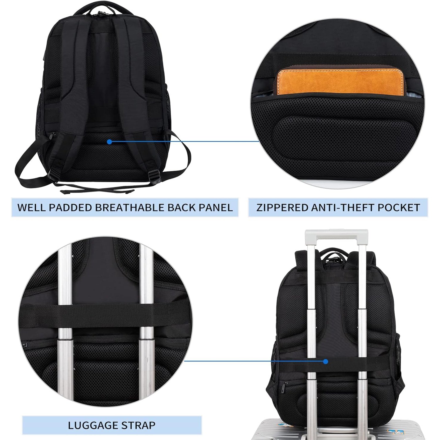 Black quilted laptop backpack with padded back panel and luggage strap