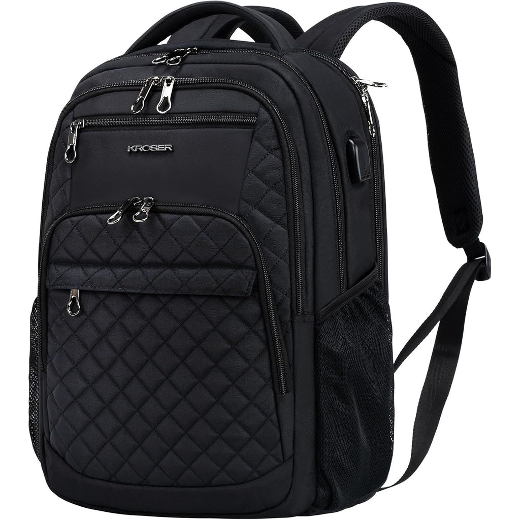 Black quilted 17-inch laptop backpack with front zip pockets and carry handle