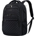 Black quilted 17-inch laptop backpack with front zip pockets and carry handle