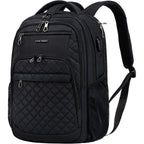 Black quilted 17-inch laptop backpack with front zip pockets and carry handle