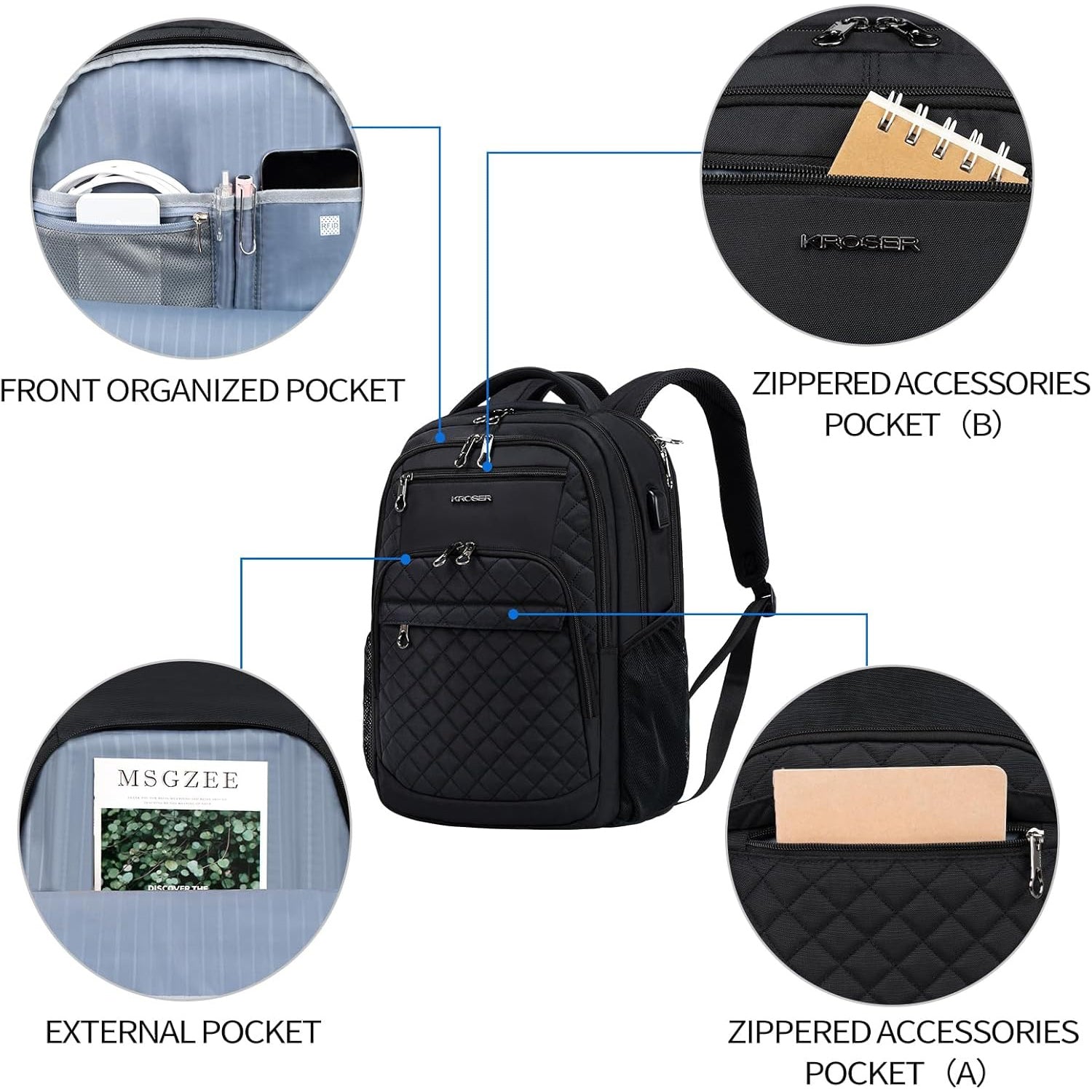 KROSER 17 Inch Quilted RFID Laptop Backpack with USB