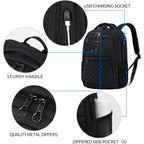 Black quilted laptop backpack with USB charging socket and zippered side pocket