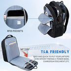 Black laptop backpack open to show padded compartments and zippered organizers