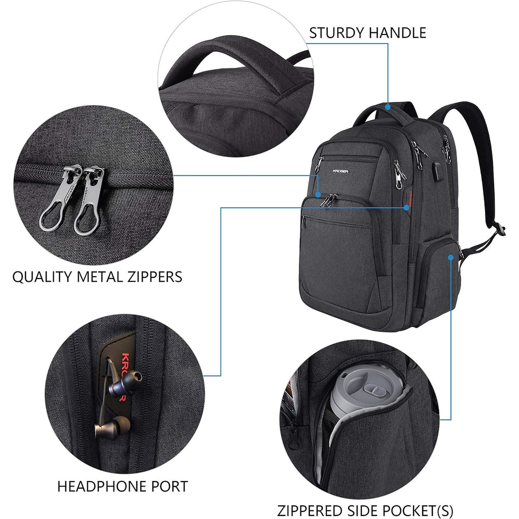KROSER laptop backpack with sturdy handle, quality metal zippers, headphone port, side pockets.