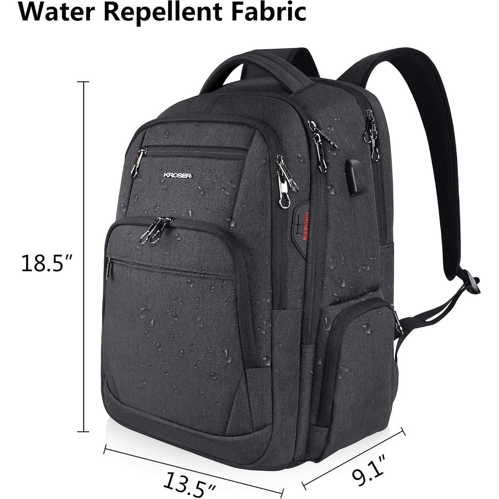 KROSER dark gray laptop backpack with front compartments, zip pulls, and side access pocket.