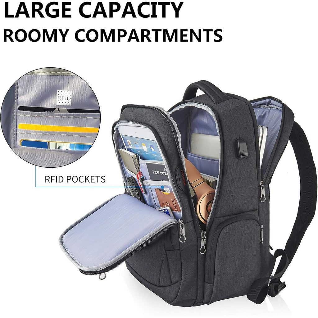 KROSER laptop backpack with open inner compartments and RFID pocket section.