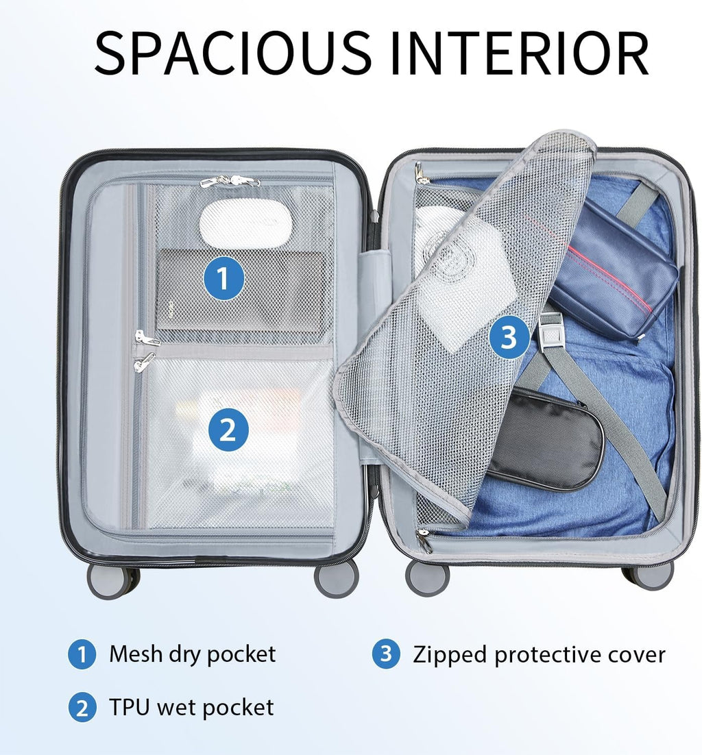 Open hardside suitcase interior with mesh dry pocket, TPU wet pocket, and zipped protective cover.