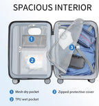 Open hardside suitcase interior with mesh dry pocket, TPU wet pocket, and zipped protective cover.