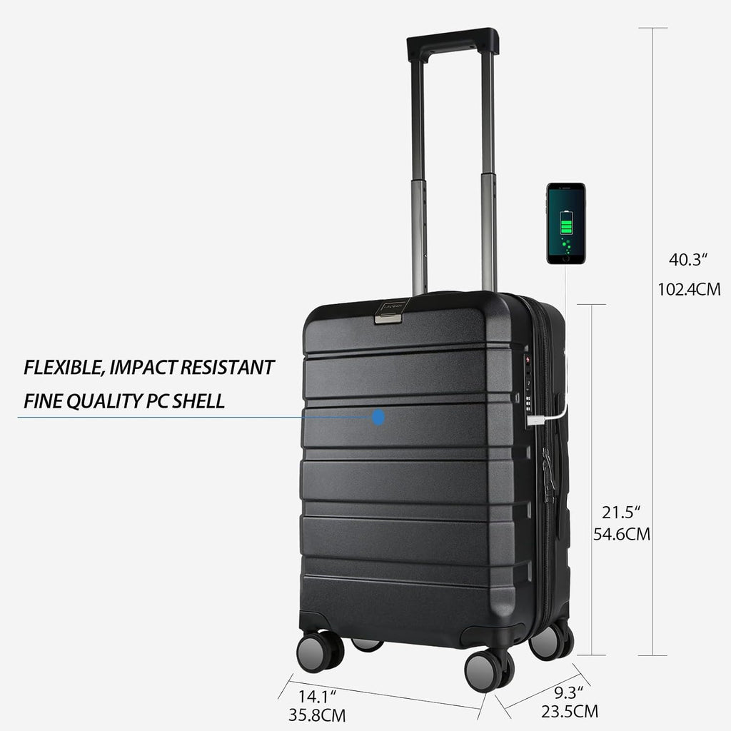 Black hardside carry-on luggage with telescoping handle, wheels, and built-in screen