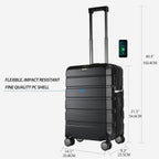 Black hardside carry-on luggage with telescoping handle, wheels, and built-in screen
