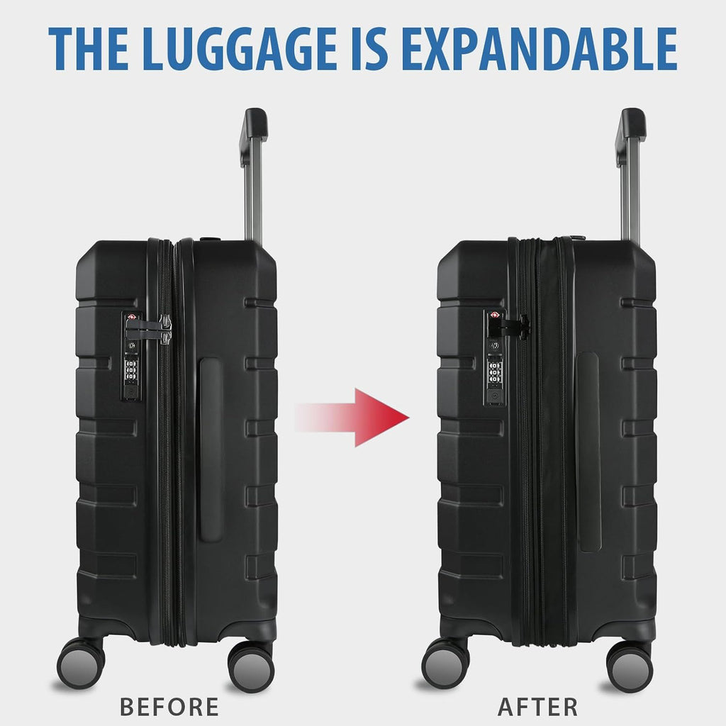 Black expandable hardside carry-on luggage shown before and after expansion