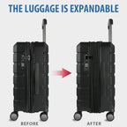 Black expandable hardside carry-on luggage shown before and after expansion