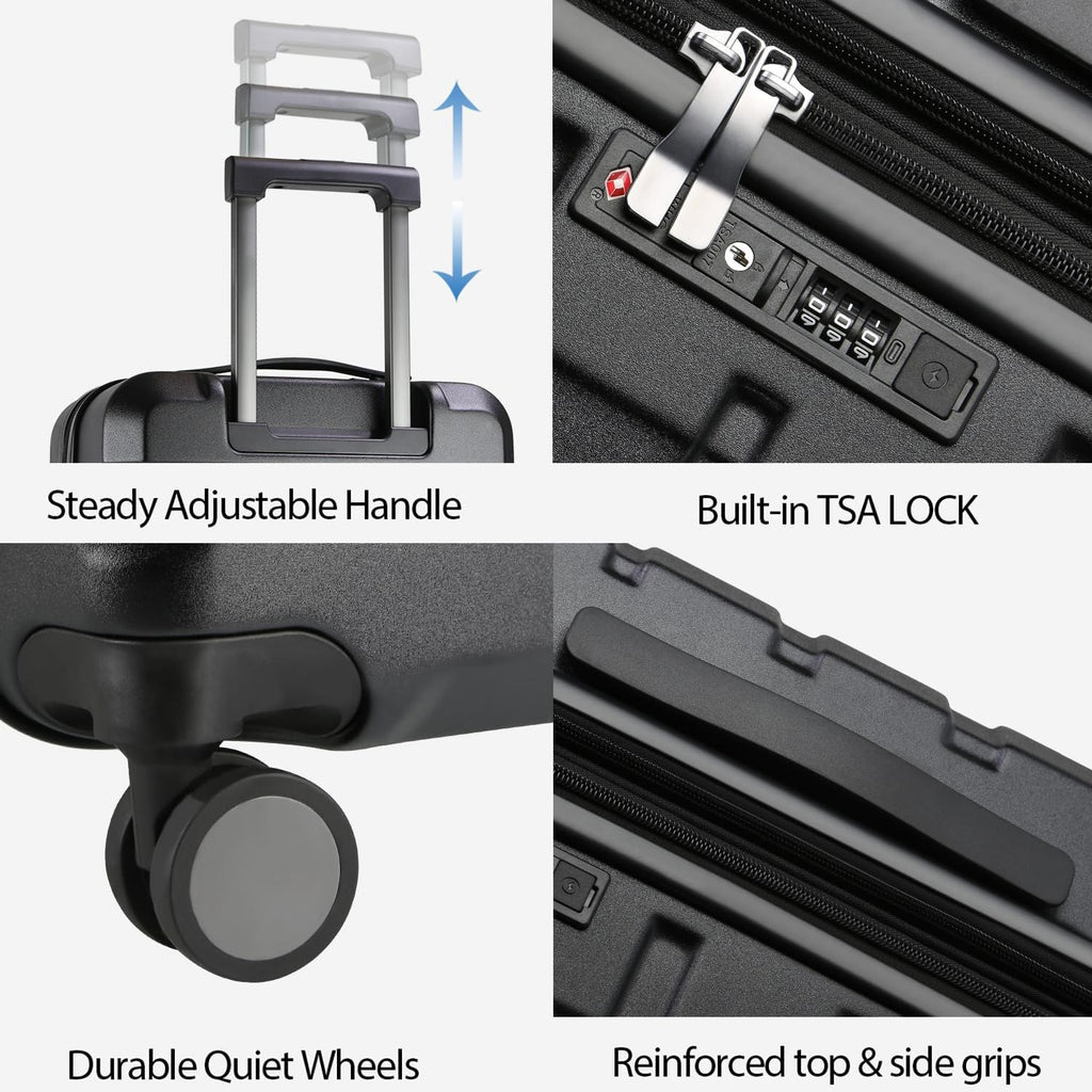 Black hardside carry-on details: TSA lock keypad, zipper track, and quiet spinner wheels