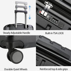 Black hardside carry-on details: TSA lock keypad, zipper track, and quiet spinner wheels