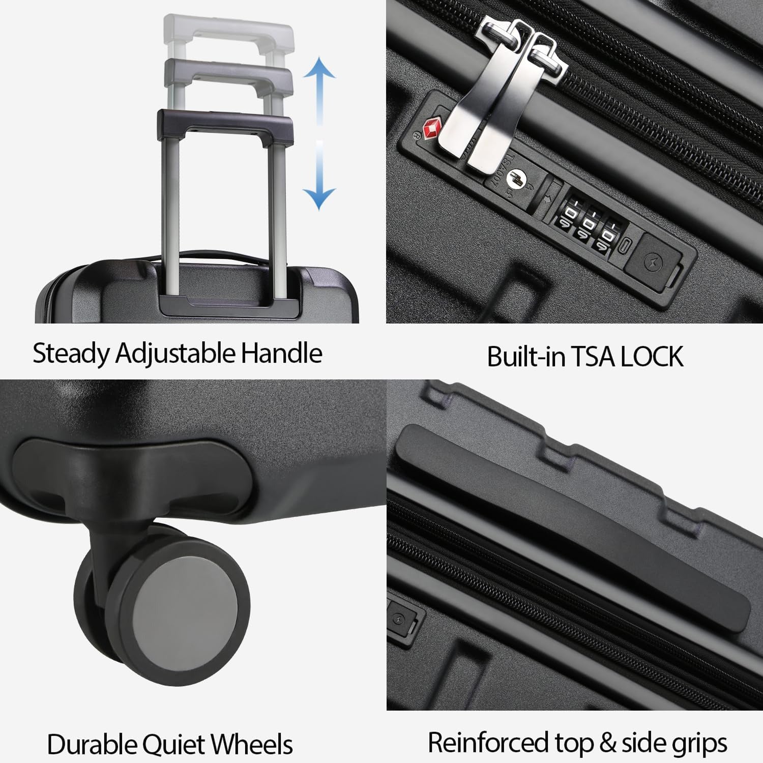 Black hardside carry-on details: TSA lock keypad, zipper track, and quiet spinner wheels