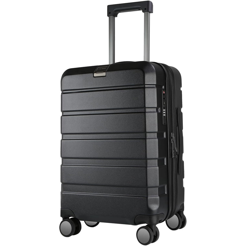 Dark gray hardside carry-on suitcase with extendable handle and 4 spinner wheels, TSA lock.