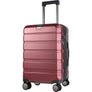 Burgundy expandable carry-on suitcase, side view with telescoping handle and four spinner wheels
