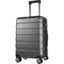 Steel grey carry-on suitcase with telescoping handle and four spinner wheels