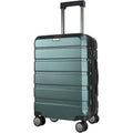 Dark green hardside carry-on suitcase with telescoping handle and four spinner wheels