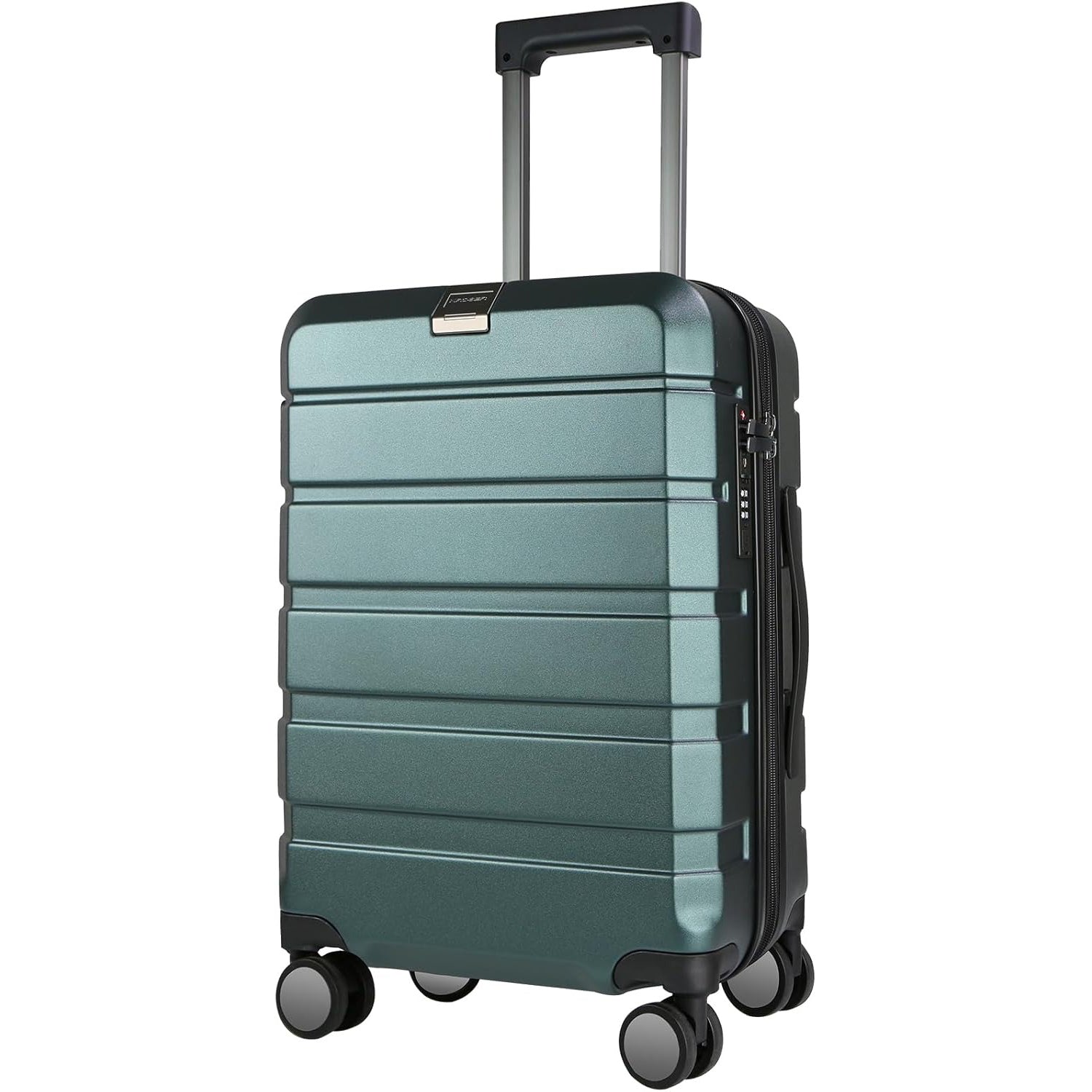Dark green hardside carry-on suitcase with telescoping handle and four spinner wheels
