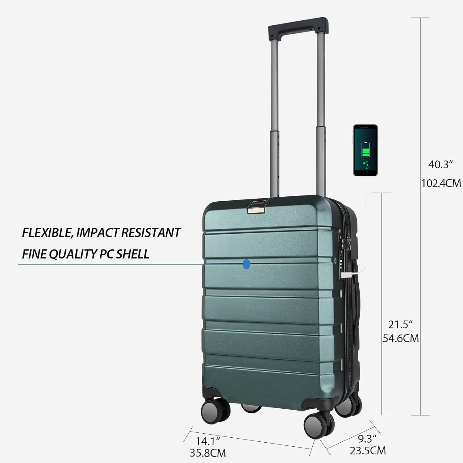 Dark green hardside carry-on suitcase shown from the side with four spinner wheels