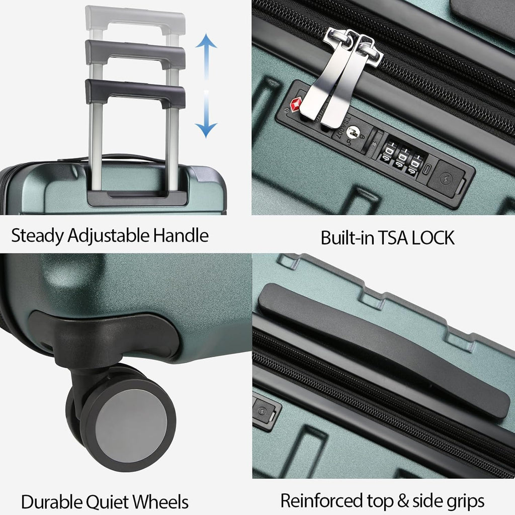 Dark green hardside carry-on luggage features: adjustable handle, TSA lock, quiet wheels