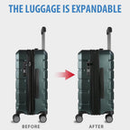 Expandable dark green hardside carry-on suitcase before-and-after view