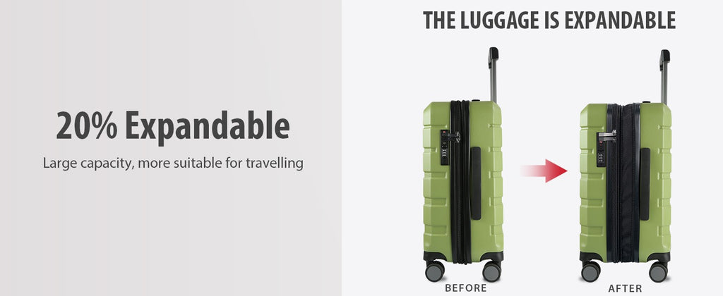 Expandable green carry-on luggage shown before and after expansion on spinner wheels