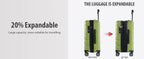 Expandable green carry-on luggage shown before and after expansion on spinner wheels