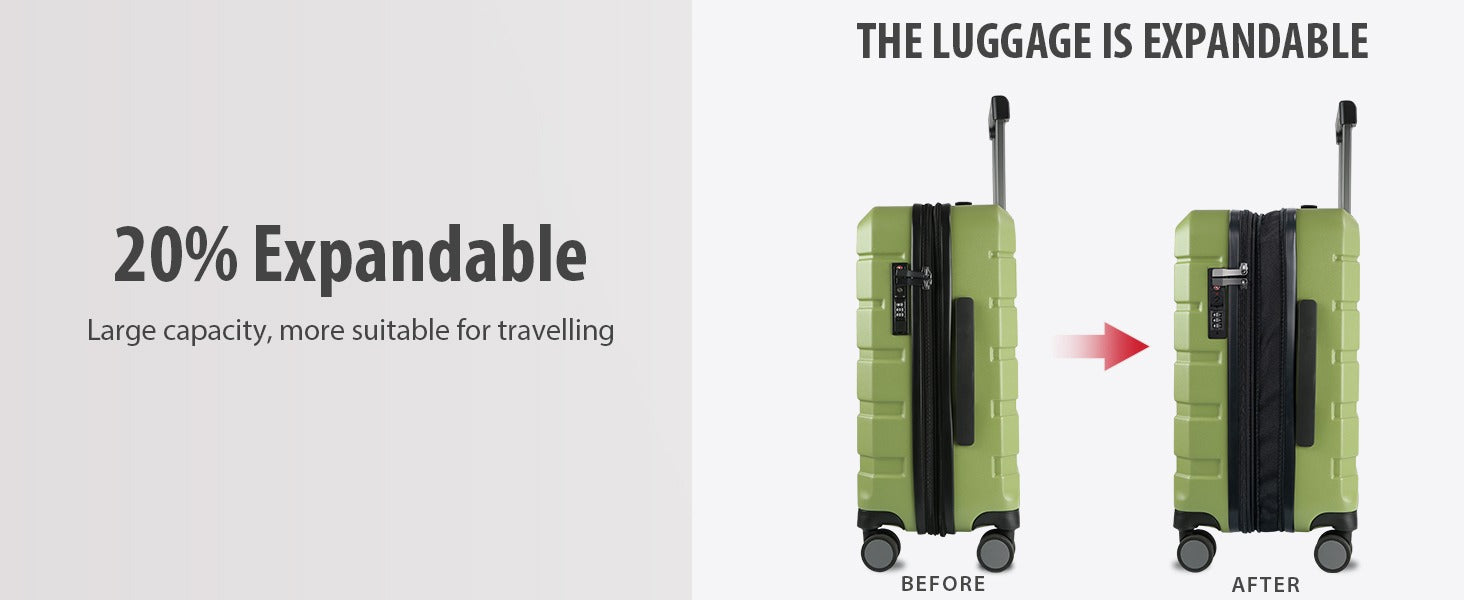 Expandable green carry-on luggage shown before and after expansion on spinner wheels