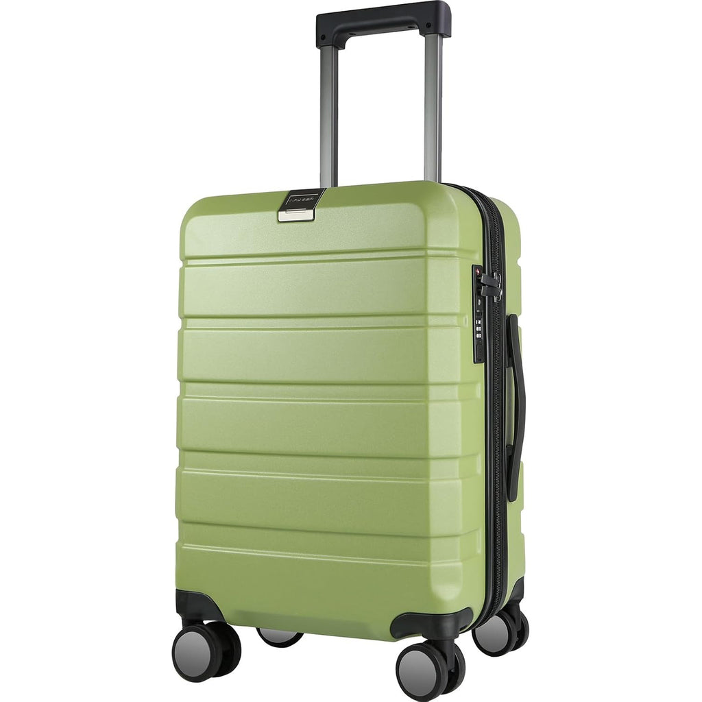Green hard-shell carry-on luggage with telescoping handle and side access handle