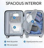 Green carry-on luggage interior with mesh dry pocket, TPU wet pocket, and zipped cover